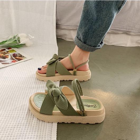 Dép Sandal Đế Bằng Cao 4Cm Đính Nơ Da Lộn Đeo Được 2 Kiểu G146