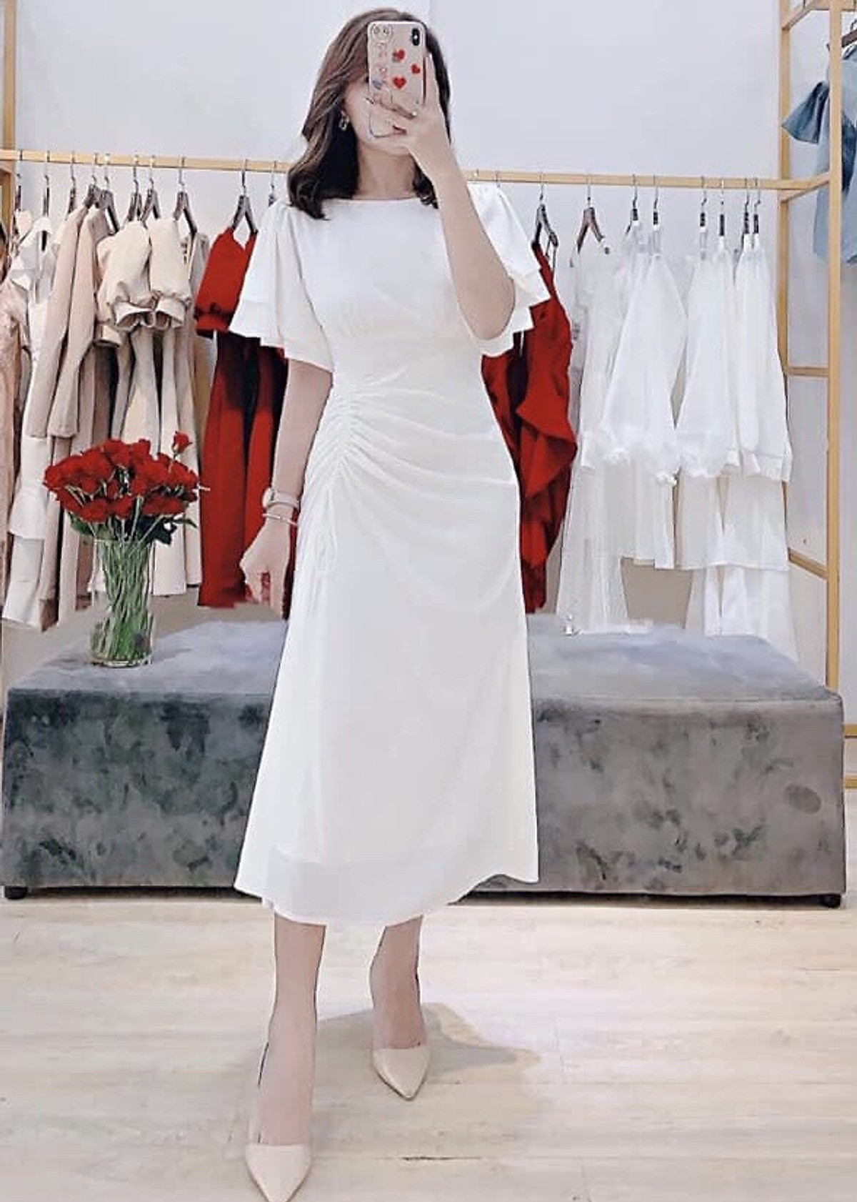 Đầm trắng form dài tùng rút dây