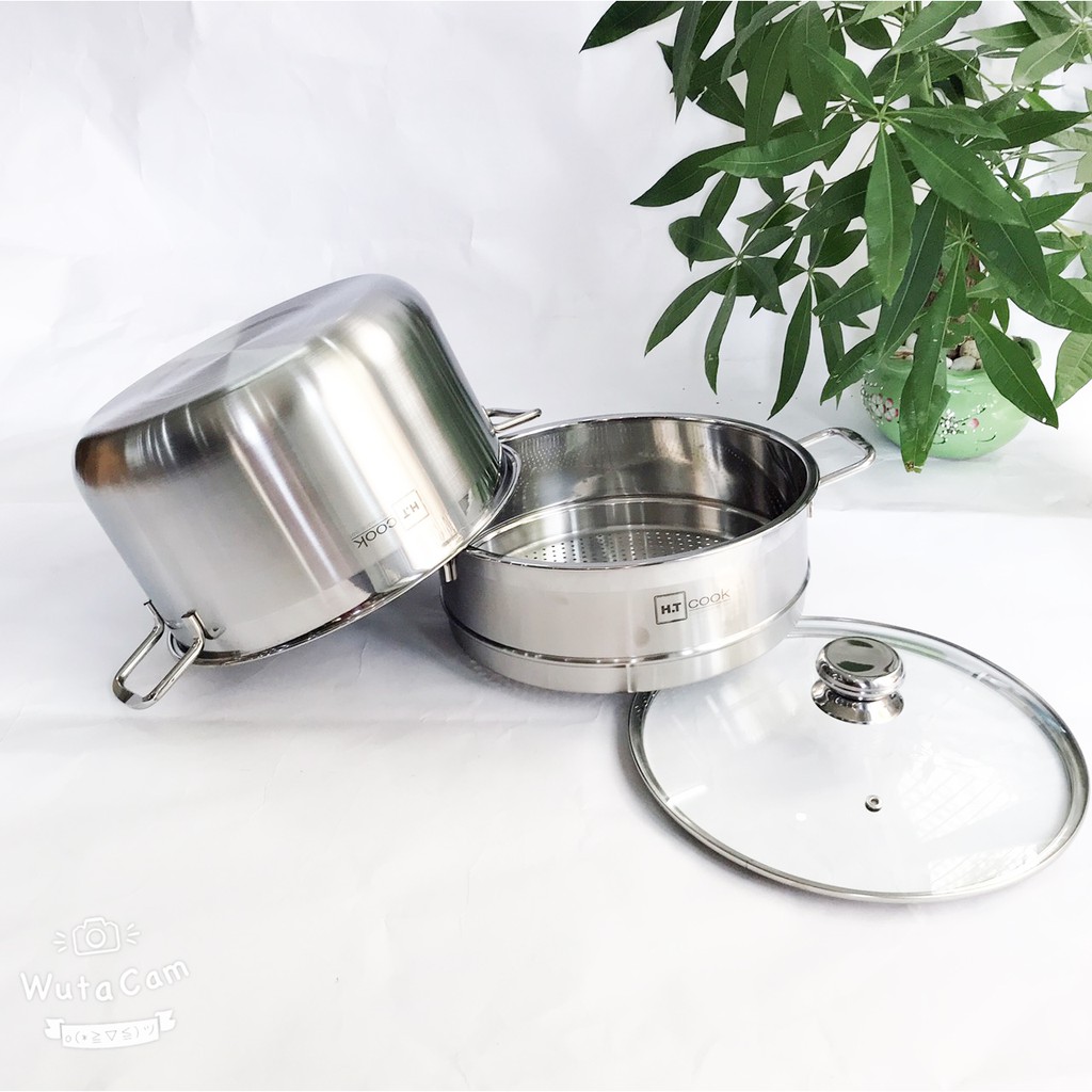 Bộ nồi xửng hấp 1 đáy từ inox 430 H.T cook nắp kính 28cm , tặng 2 vá canh