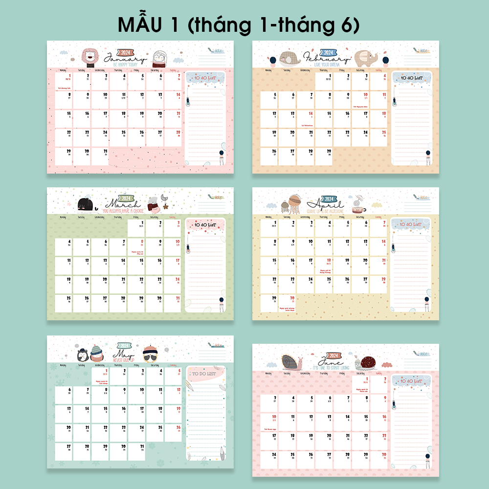 Lịch để bàn 2024 [TẶNG 12/2023], lịch 2024 có lịch âm, note ngày lễ, tone màu pastel cute 1, planner