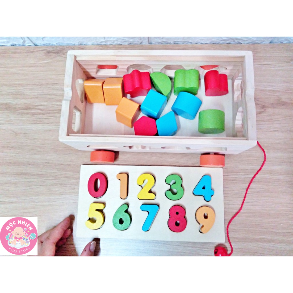 Đồ chơi gỗ Montessori - Xe kéo thả hình khối và số bằng gỗ giúp bé học hình khối, màu sắc và số đếm