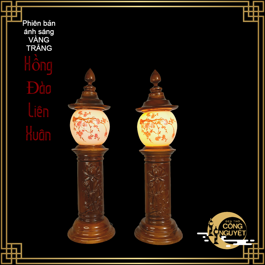 Đôi đèn thờ gỗ sứ cao cấp HỒNG ĐÀO LIÊN XUÂN
