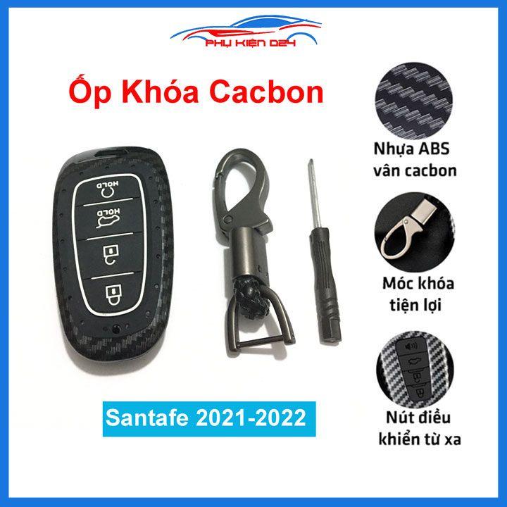 Ốp vỏ bọc chìa khóa xe Santafe 2021 sợi nhựa cacbon kèm móc treo inox