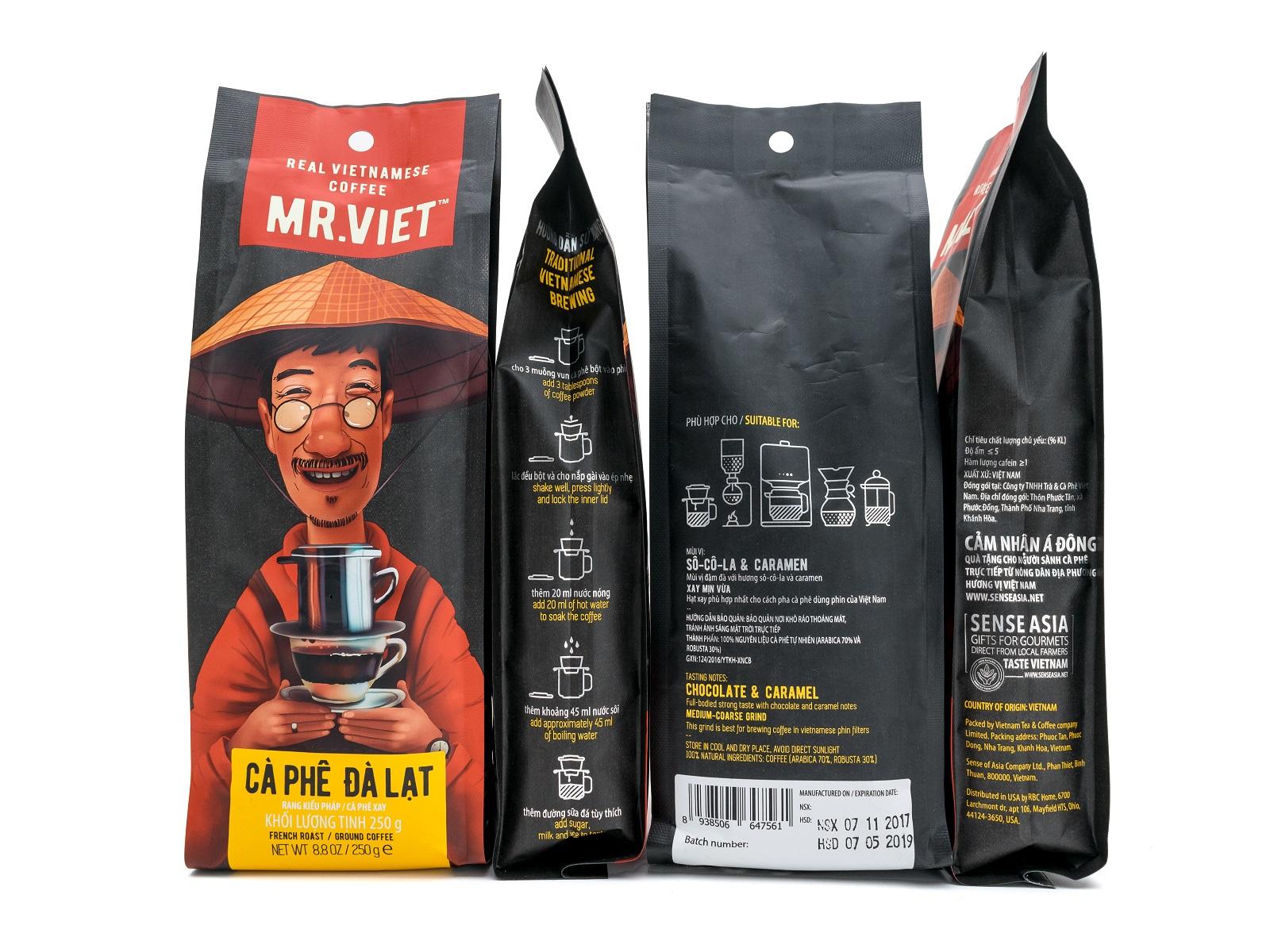 Cà phê Đà Lạt Rang Xay Túi 250g (Cafe Mr Viet Dalat Ground Coffee 250gr Bag)