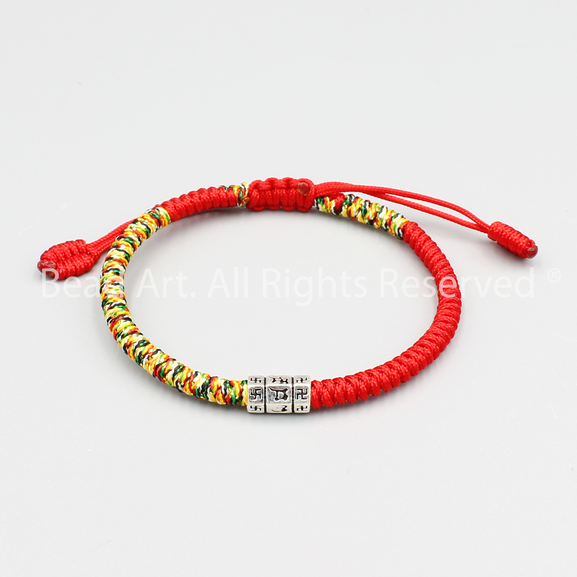 Vòng Tay Thắt Dây Tibet Phối Charm Bạc Lục Tự Chú Om Mani Padme Hum, Vòng Tay Phong Thuỷ - Bead Art