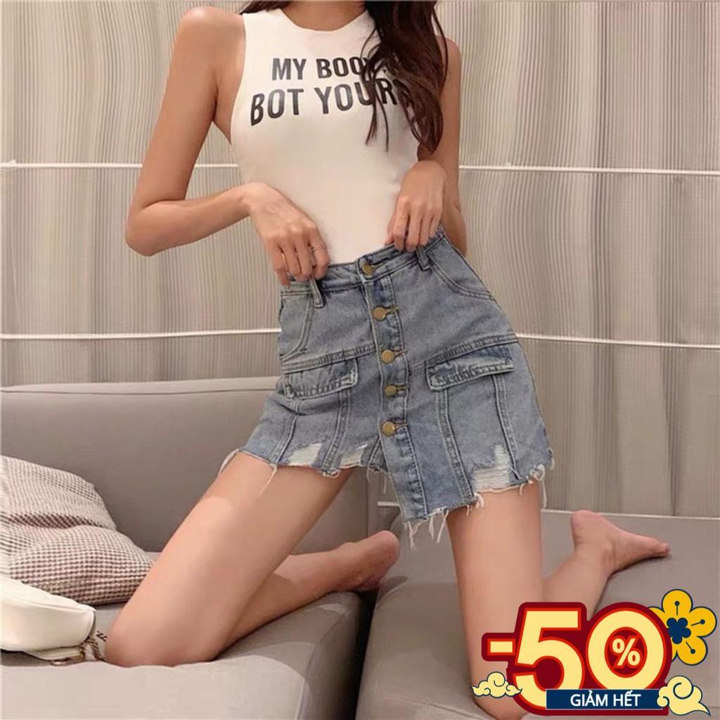 Quần bò giả váy có hàng cúc