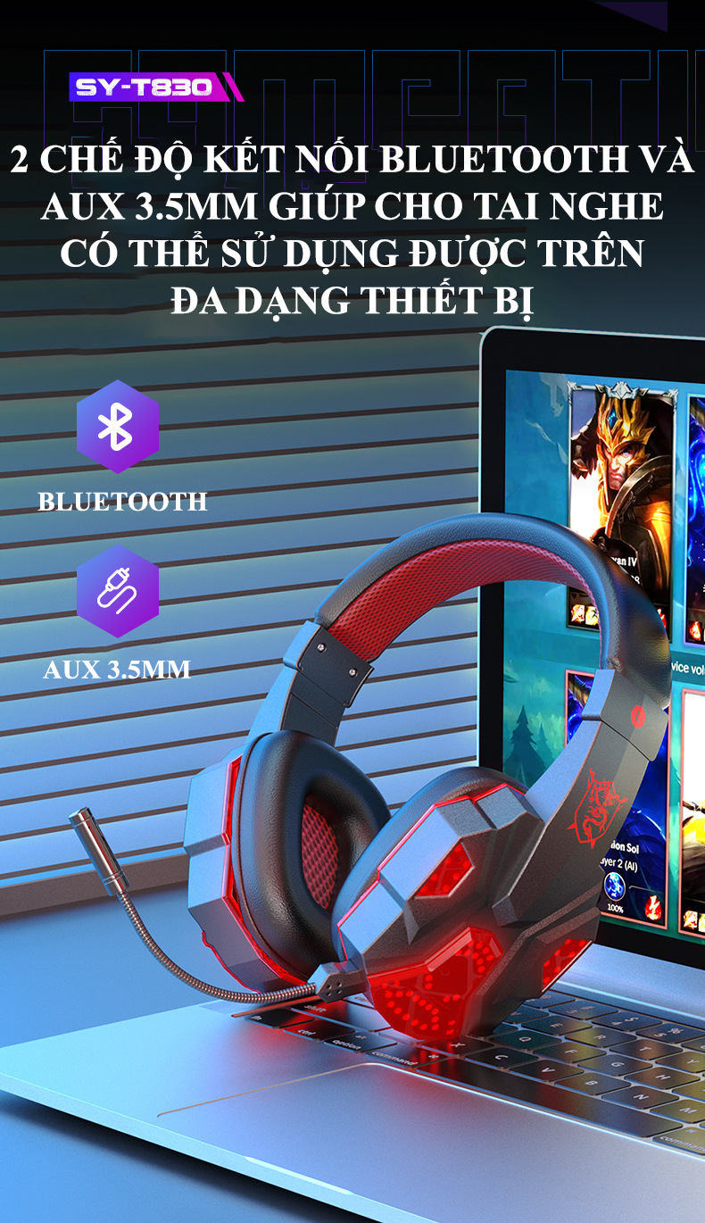 Tai nghe gaming SY-T830 kết nối bằng Bluetooth và cổng AUX 3.5mm có đèn led và âm thanh sống động phù hợp cho game thủ