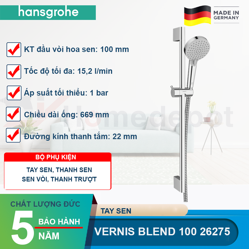 Tay sen kèm thanh trượt hansgrohe Vernis Blend 101 26275
