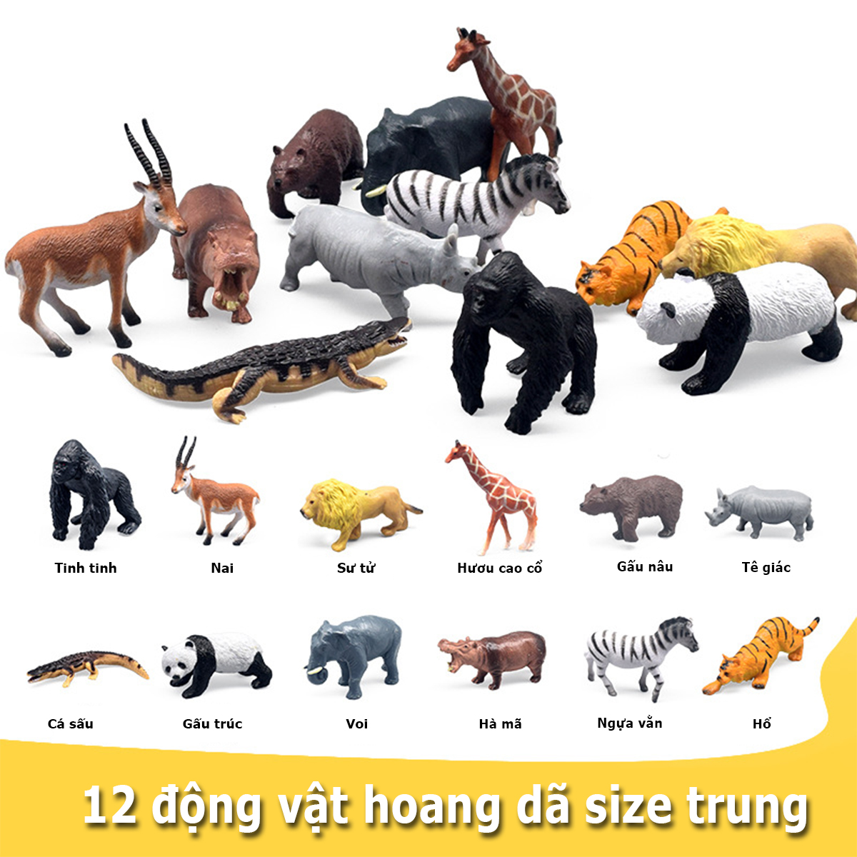 Bộ 12 đồ chơi Động Vật hoang dã Hổ Voi Gấu Tê Giác Cá Sấu Ngựa Vằn Sư Tử Nai Khỉ Hà Mã Wild Animals size trung 8cm cho bé 3 tuổi New4all