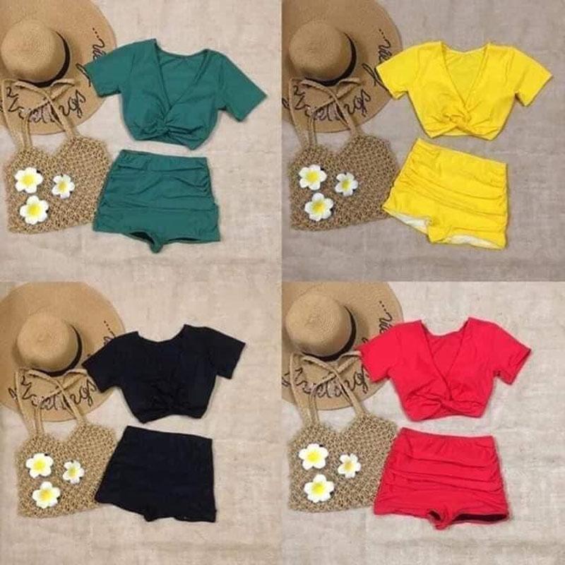 Bikini 2 mảnh cạp cao xoắn ngực tay ngắn tôn dáng gợi cảm sang chảnh đồ bơi nữ đi biển thun lạnh co dãn 4 chiều QP001