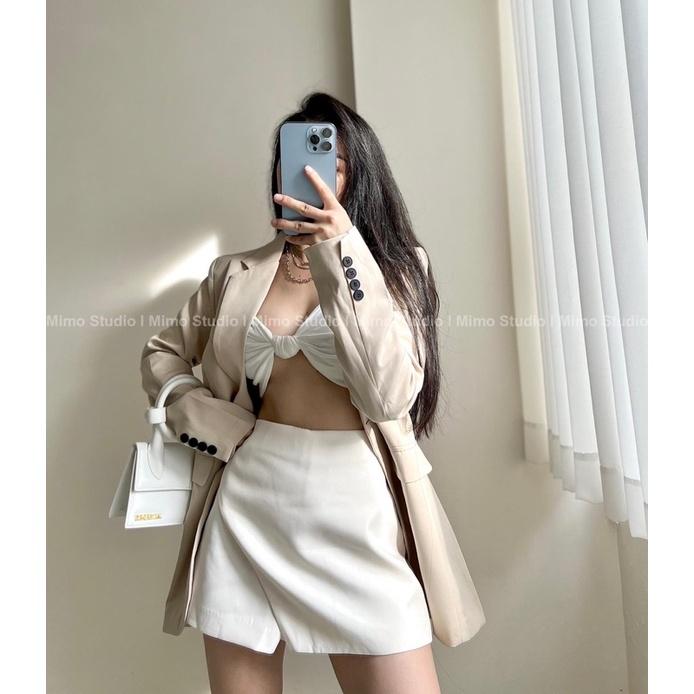 Áo khoác blazer beige - Quần giả váy trắng kem