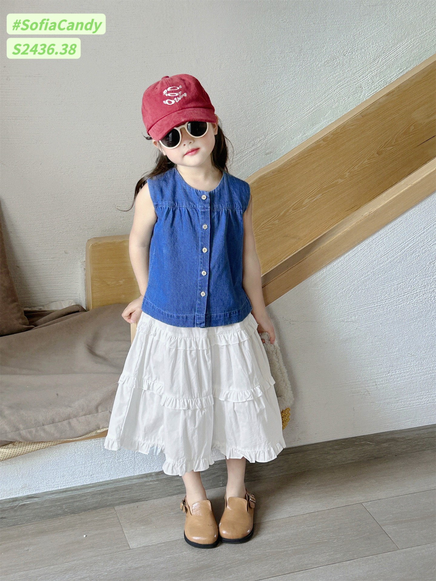 [Từ 1 đến 12 tuổi] Set tiểu thư áo jean xanh mềm + chân váy thô Hàn trắng từ 1 đến 12 tuổi dễ mix đồ vô cùng