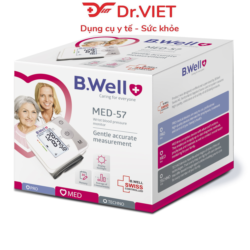 Máy đo huyết áp cổ tay B.Well Swiss MED-57 -- Thiết bị đo huyết áp, nhịp tim chính xác và an toàn