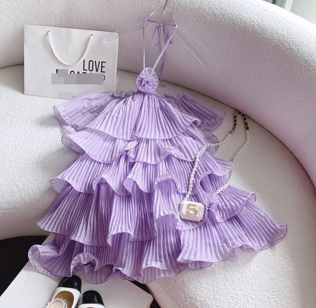 ĐẦM DÂY YẾM TRỄ VAI NGẮN RỘNG SUÔNG TRƠN XẾP LY BÈO TẦNG MÀU PASTEL ĐI BIỂN DỰ TIỆC DẠO PHỐ