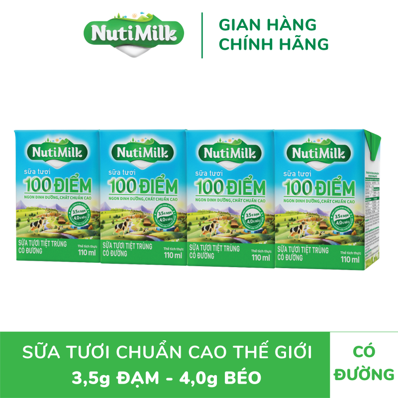Thùng 48 Hộp NutiMilk Sữa tươi 100 điểm - Sữa tươi tiệt trùng Có đường 110ml TU.STCD110TI NUTIFOOD