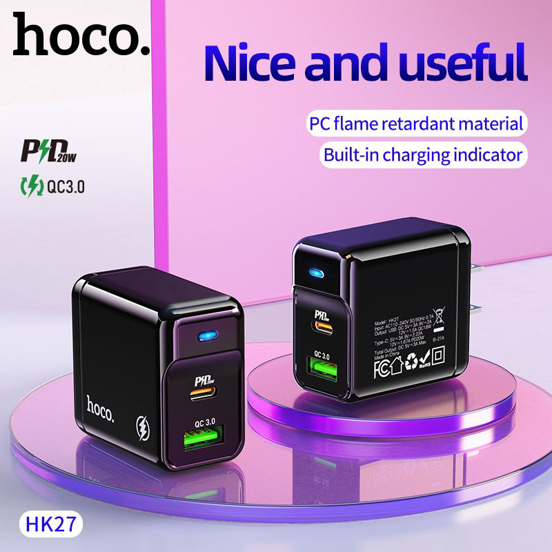 Cốc sạc PD20W Hoco HK27 chân dẹt cổng USB và Type-C , QC3.0 chất liệu chống cháy cao cấp ( 2 màu ) - Hàng chính hãng