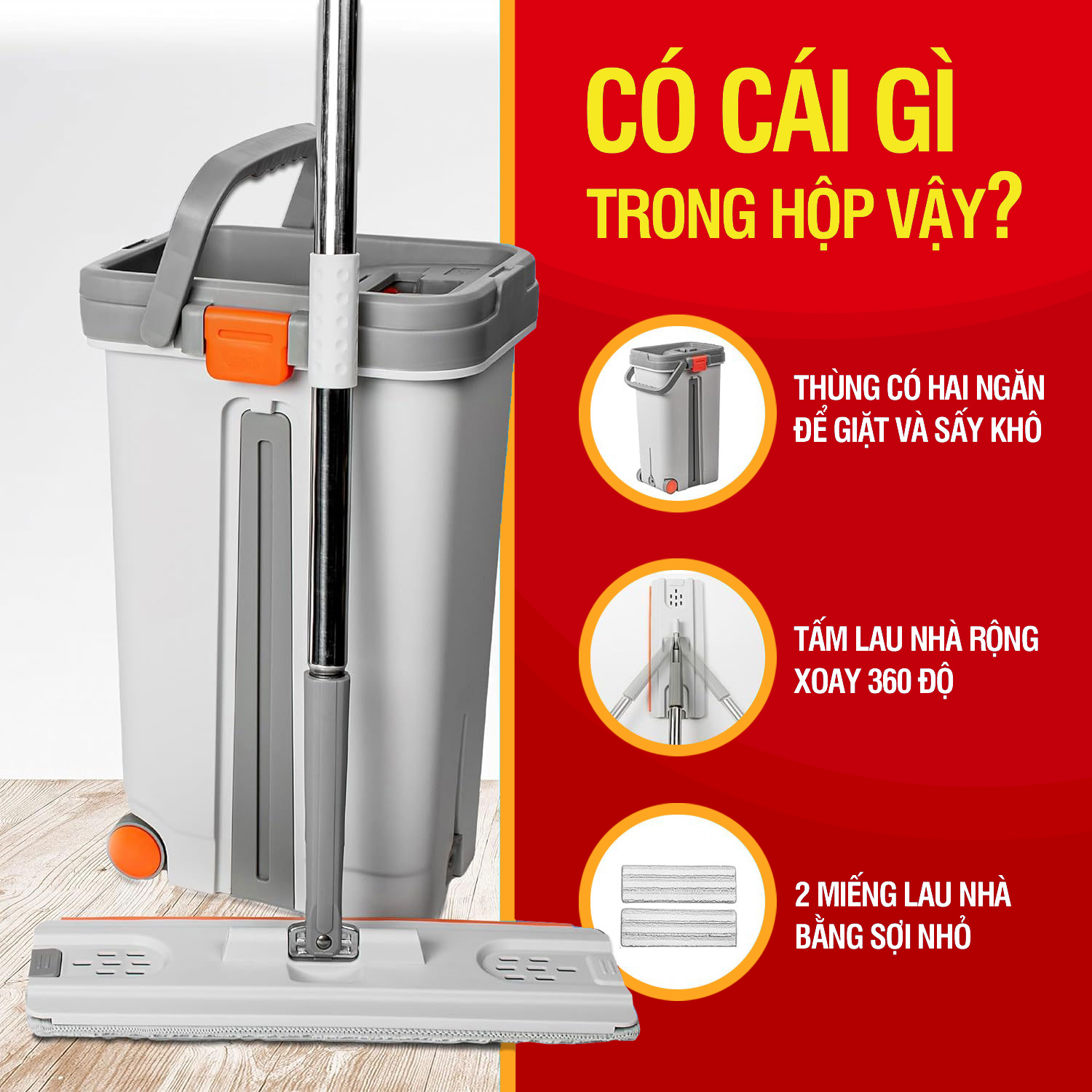 Bộ lau nhà cỡ lớn Kitimop-ProMax có thùng lau nhà tự vắt kèm bánh xe, cây lau nhà 360 độ giúp lau sàn làm sạch, 3 bông lau