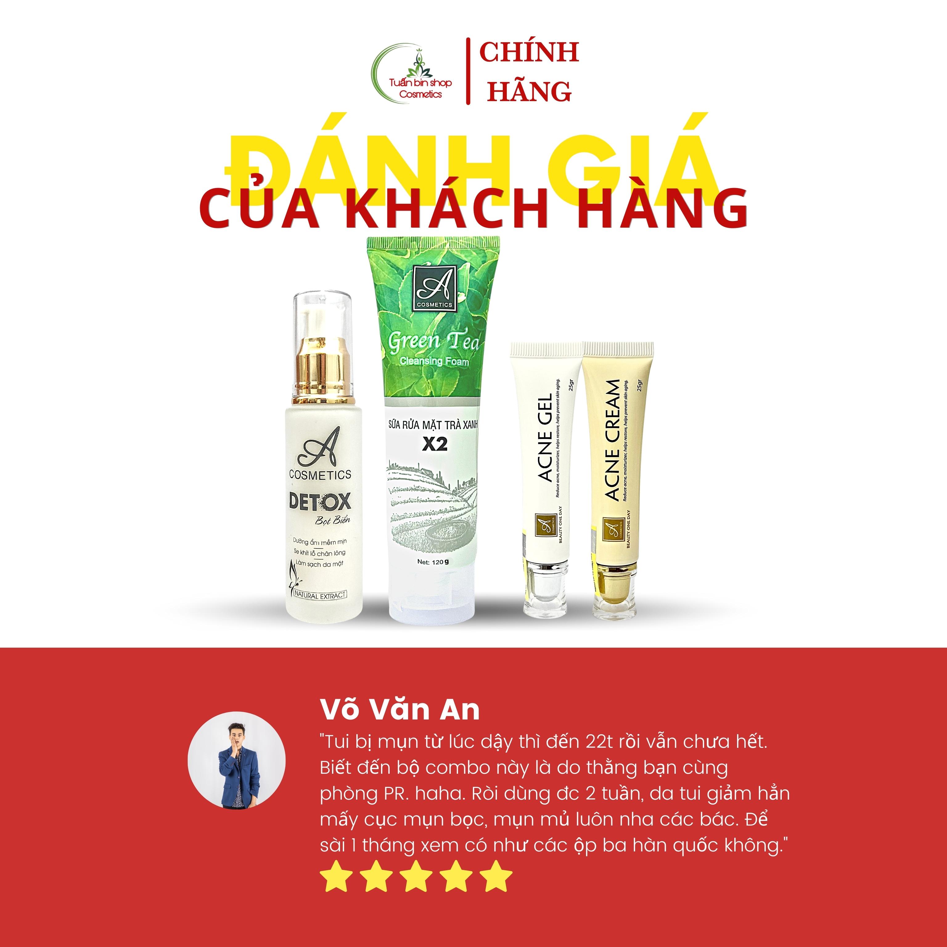 Combo kem giảm mụn, thải độc da, kiềm dầu Acosmetics, kem giảm mụn siêu tốc, detox bọt biển, sữa rửa mặt trà xanh x2 220g