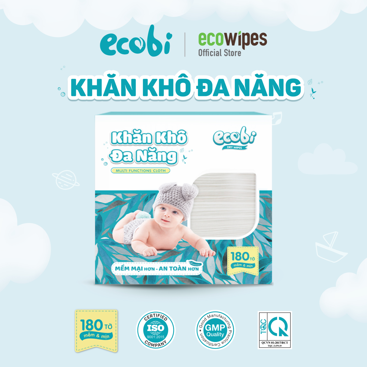Khăn khô đa năng Ecobi hộp 180 tờ dùng thay khăn sữa an toàn cho trẻ sơ sinh