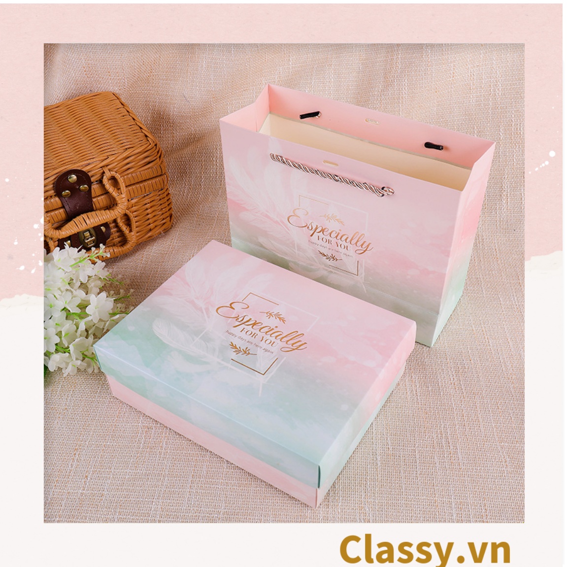 XÉ LẺ túi giấy +Hộp quà lớn quà tặng hoạ tiết đá cẩm thạch, In chữ Especially For You phong cách châu ÂU Q307