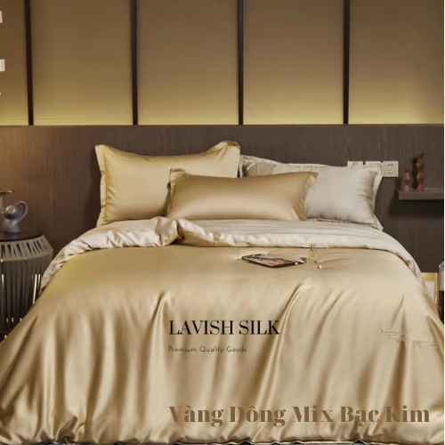 Trọn Bộ Ga Gối Lụa Kèm Chăn Sẵn Ruột + Tặng Bộ Quà Tặng Lavish Silk Cao Cấp - Vàng Đồng Mix Bạc Kim