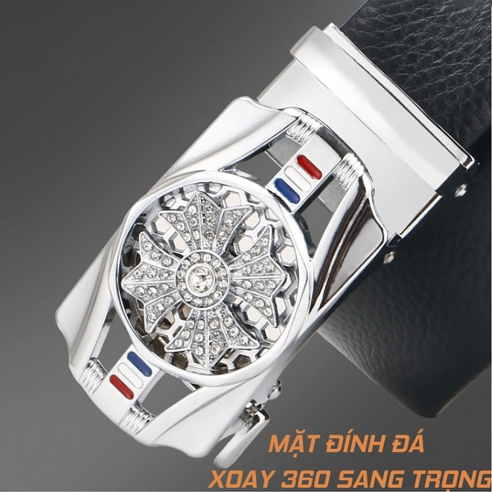 Thắt lưng da nam cao cấp mặt chữ nhật đính đá xoay 360, khoá tự động phong cách sang trọng, lịch lãm
