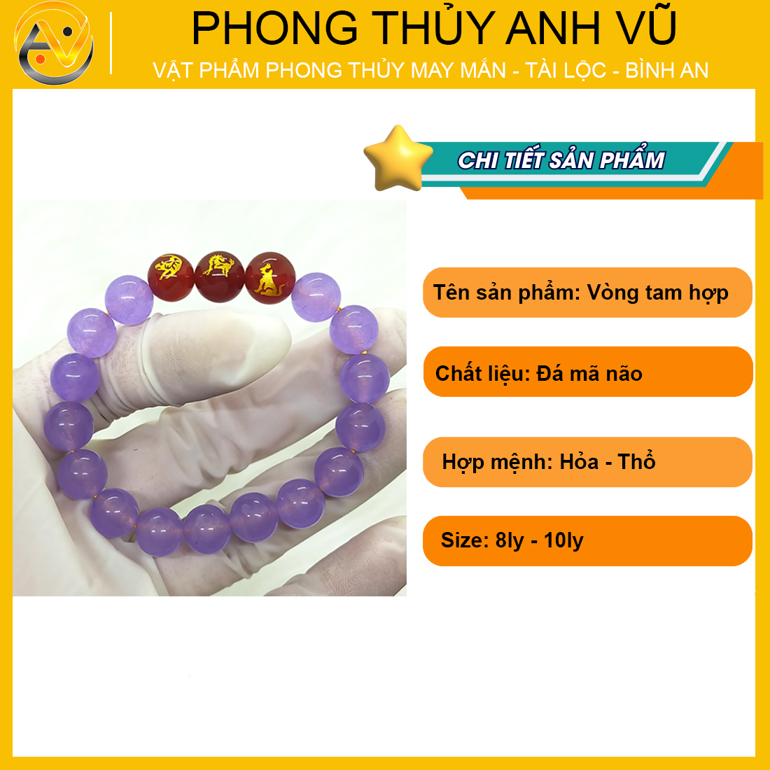 Vòng tay phong thủy mệnh hỏa cho nữ tam hợp dần ngọ tuất - chất liệu mã não tím tự nhiên - size 8 10ly - có khai quang điểm nhãn may mắn tài lộc - PHONG THỦY ANH VŨ
