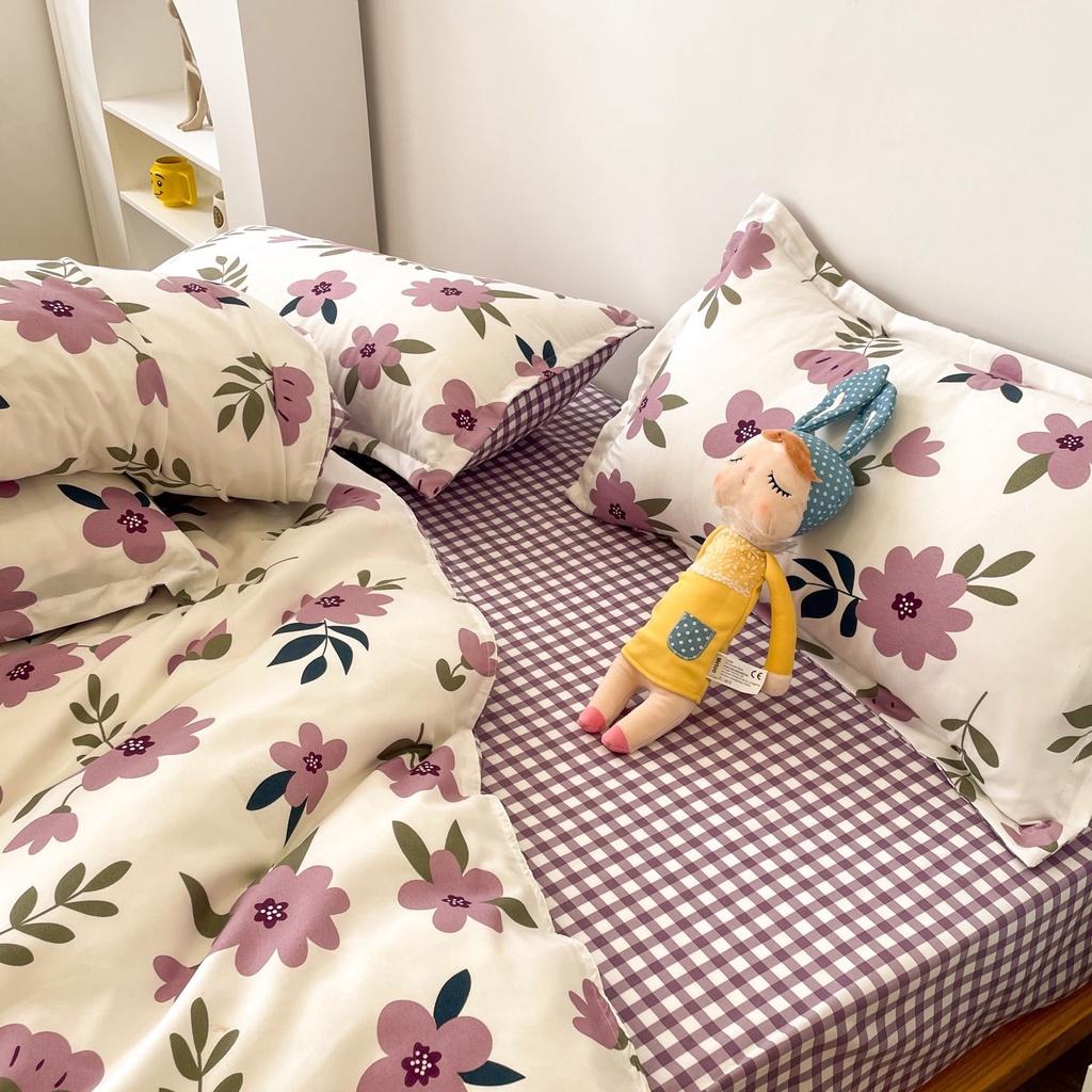Bộ chăn ga gối Cotton Poly M2T bedding, vỏ chăn mền, drap ga giường, 2 vỏ gối - PL Hoa sim tím