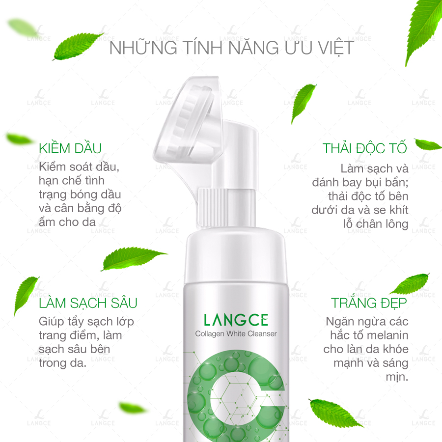 Collagen Rửa Mặt Cọ Massage Trắng Da 120ml Hộp Xanh TẶNG Tẩy Tế Bào Chết Da Mặt Trà Xanh 100ml LANGCE