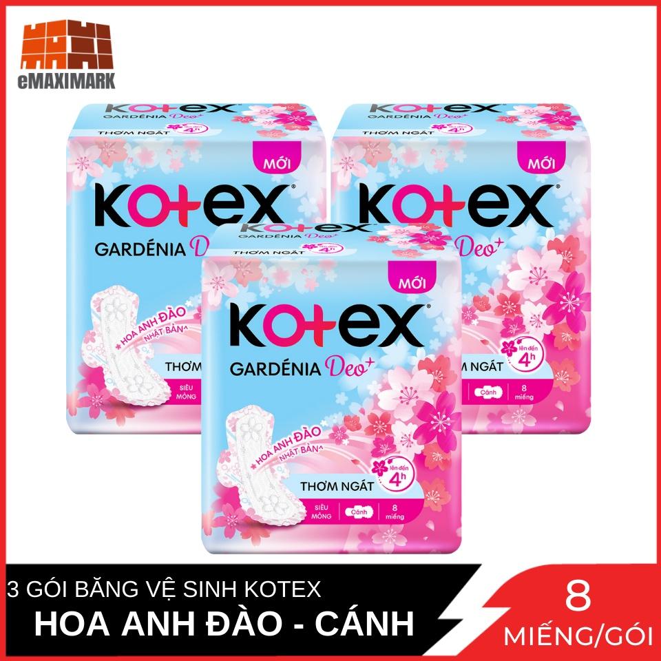 Combo 3 Băng vệ sinh Kotex Hoa Anh Đào Mặt bông Cánh 23cm 8 miếng x3