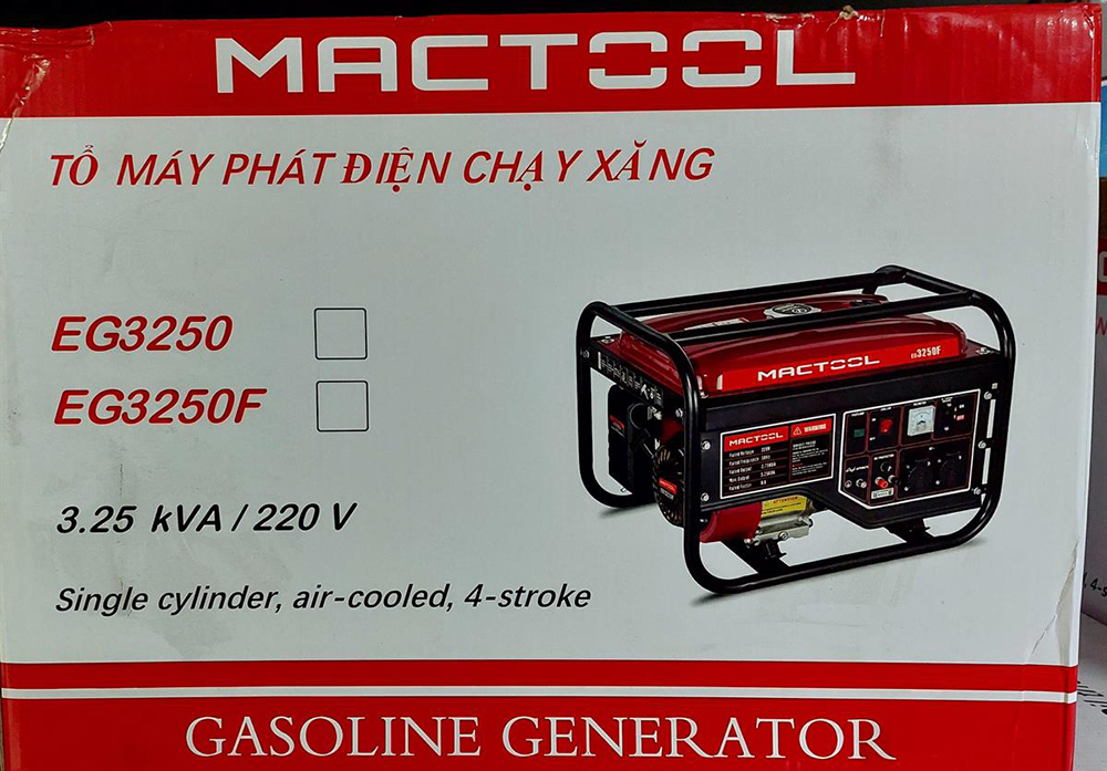 Máy phát điện Mactool EG3250F - máy phát điện chạy xăng công suất 3.25KVA bình nhiên liệu lớn mức độ tiêu thụ nhiên liệu thấp tiết kiệm, an toàn