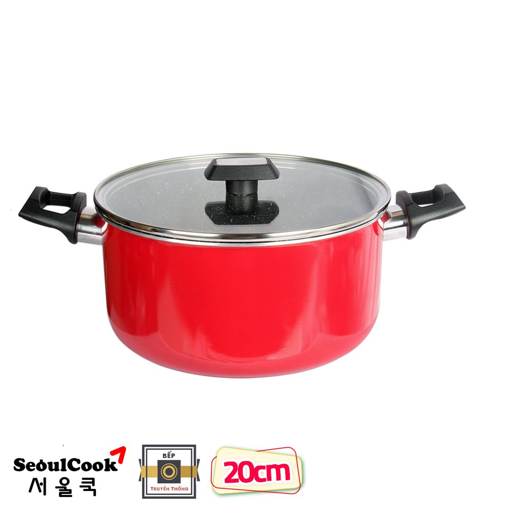 Tặng cặp nhấc nồi- Combo 2 món, nồi chống dính Kimscook 20cm và Chảo đúc Ecoramic sâu lòng 28 cm đỏ chính hãng Hàn Quốc