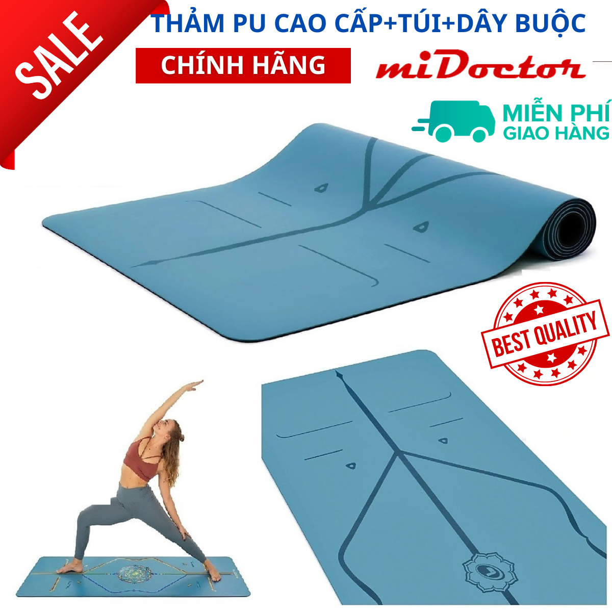Thảm Tập Yoga Định Tuyến Da Pu Cao Cấp Chính Hãng Midoctor Túi Đựng Thảm Tập Yoga Dây Buộc Thảm Yoga Định Tuyến - Thảm Xanh Dương Ko Túi Dây