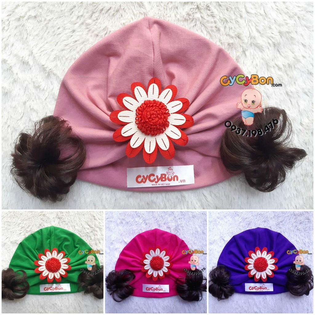 Mũ Nón Turban Tóc Giả chất Thun Cotton Bao Co Giãn Đính Bông Cúc Đỏ Trắng Cho Bé Gái - Có Size Từ Sơ Sinh