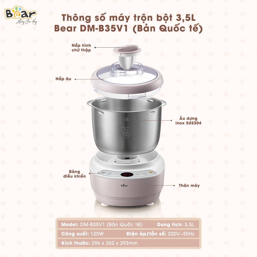 Máy Nhào Bột 3,5L Bear HMJ-A35M1 - Bản Nội Địa, Inox 304, Ủ Bột, Trộn Nhanh, Công Suất Lớn - Hàng chính hãng