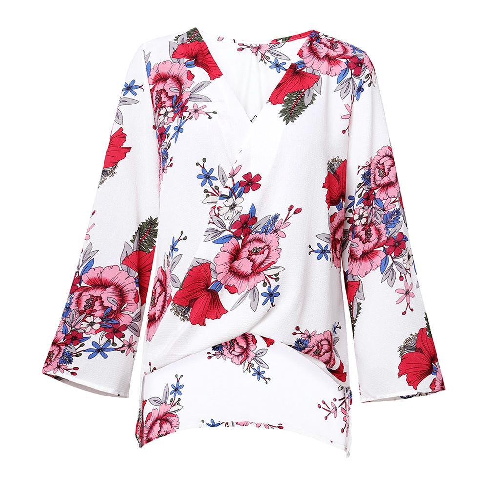 Women's Casual Floral Tops Long Sleeve Deep V Neck Wrap Loose Beach Shirts