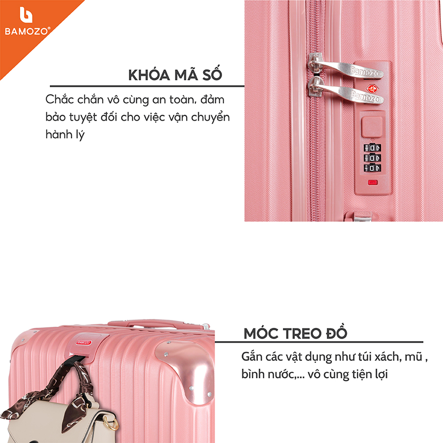 Vali du lịch BAMOZO 8809 MÀU BẠC size 20/24/28 , vali kéo nhựa bảo hành 5 năm