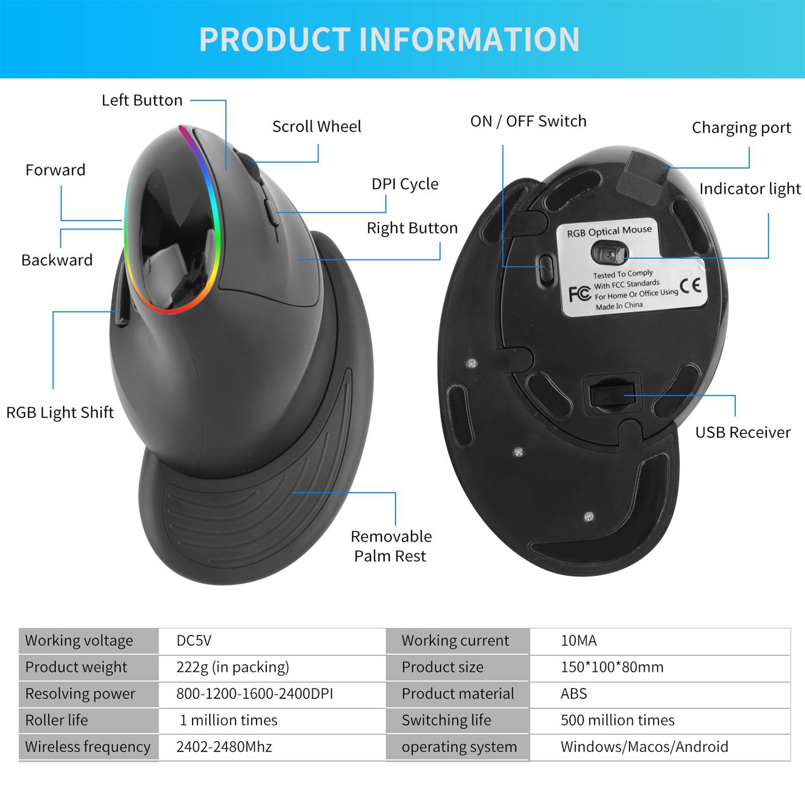 Wireless Mouse Vertical 6 Lighting 3200 DPI 2.4GHz for Laptop PC Black