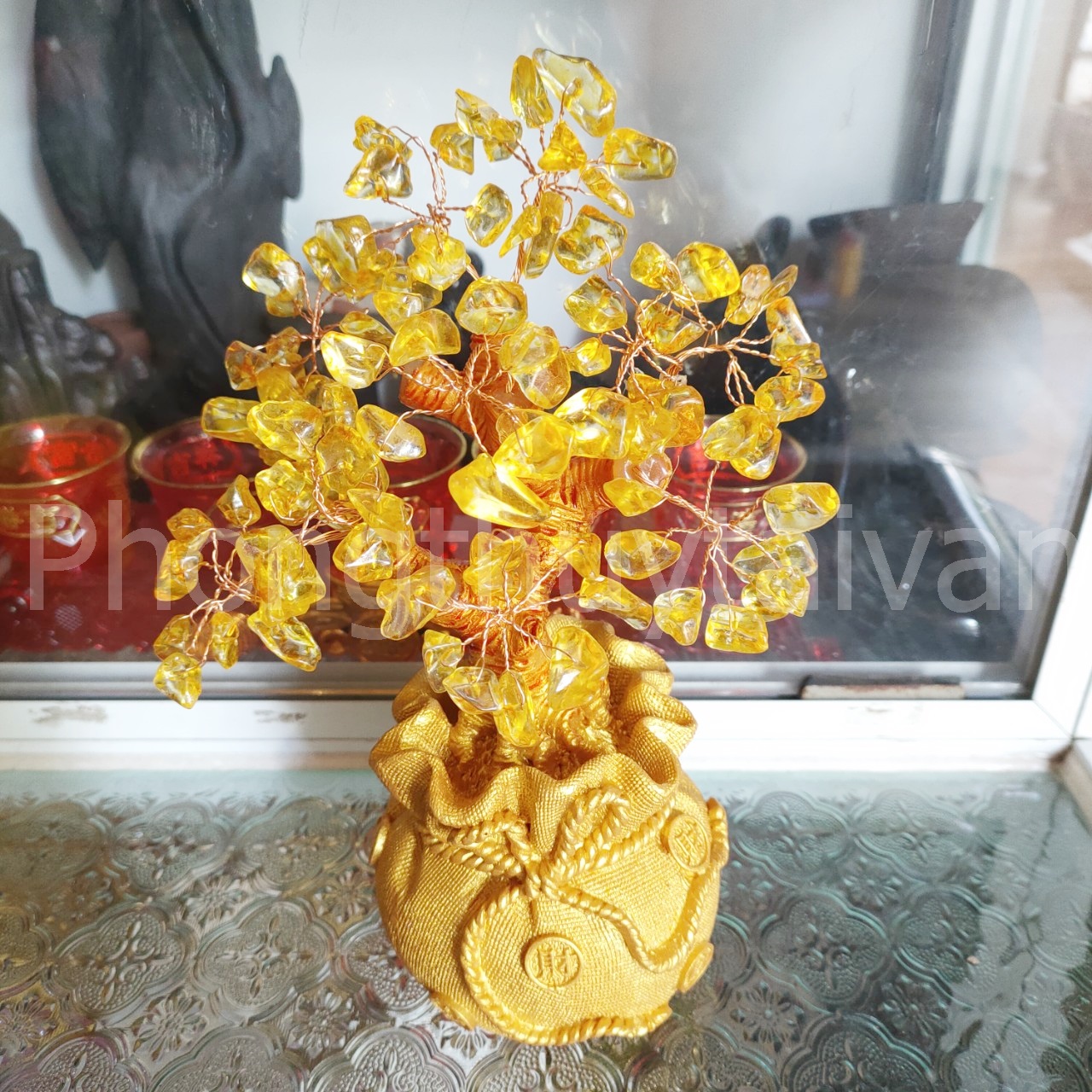 Cây Thần lộc-Hoa tiền Pha lê thỏi chiêu tài 7.5cm*7.5cm*18cm