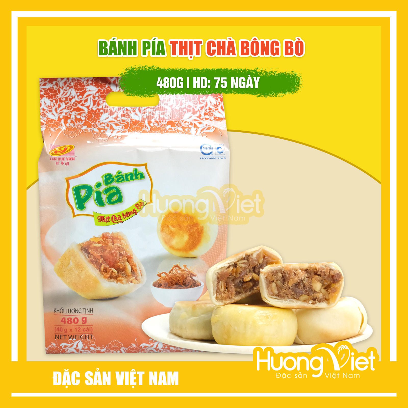 Đặc Sản Sóc Trăng - Bánh Pía Thịt Chà Bông Bò Tân Huê Viên 480G, Bánh Pía Mini Sóc Trăng [Túi 12 Bánh]