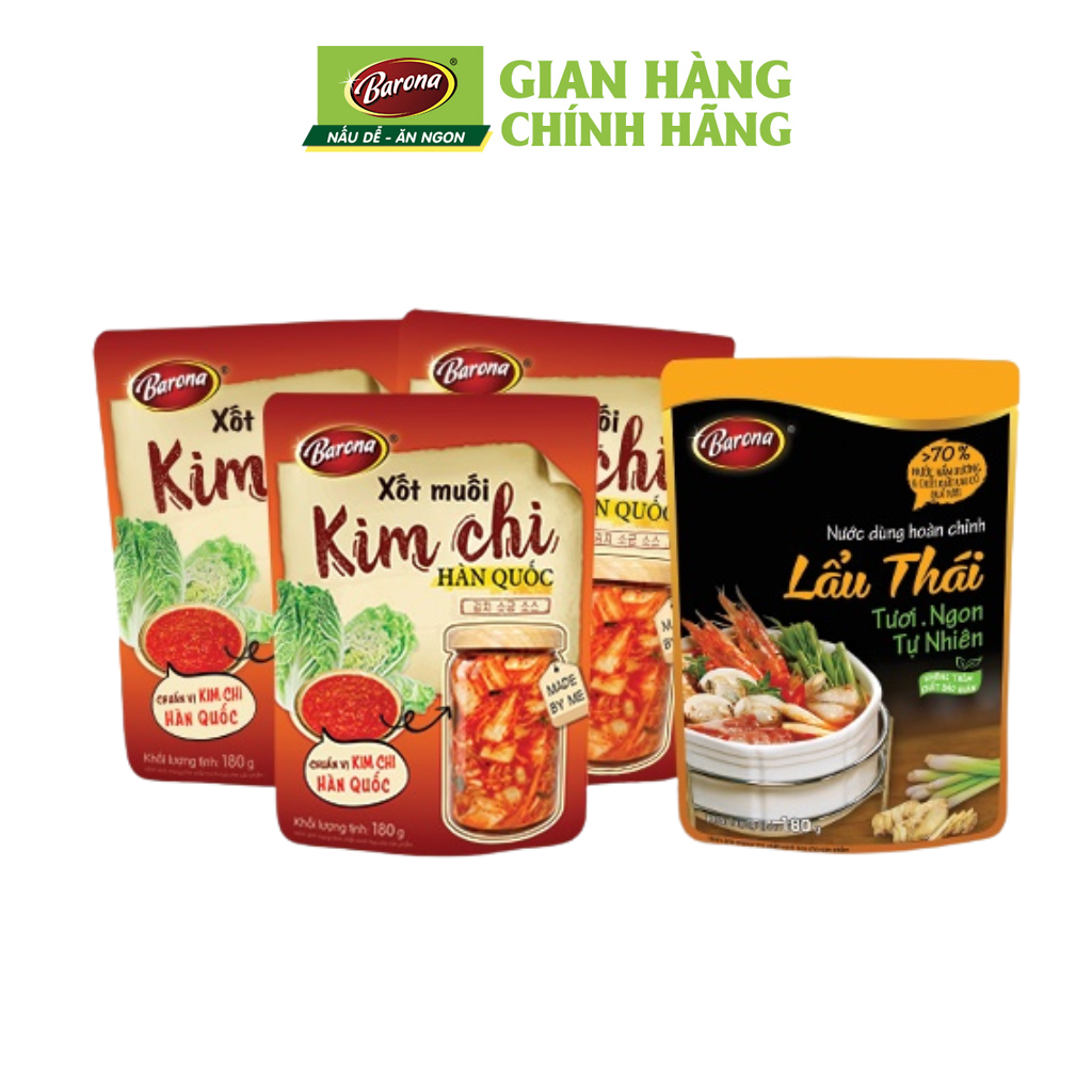 Xốt Muối Kim Chi Hàn Quốc Barona 180g, Combo 3 gói Tặng 1 gói Nước Dùng Lẩu Thái Barona 180g