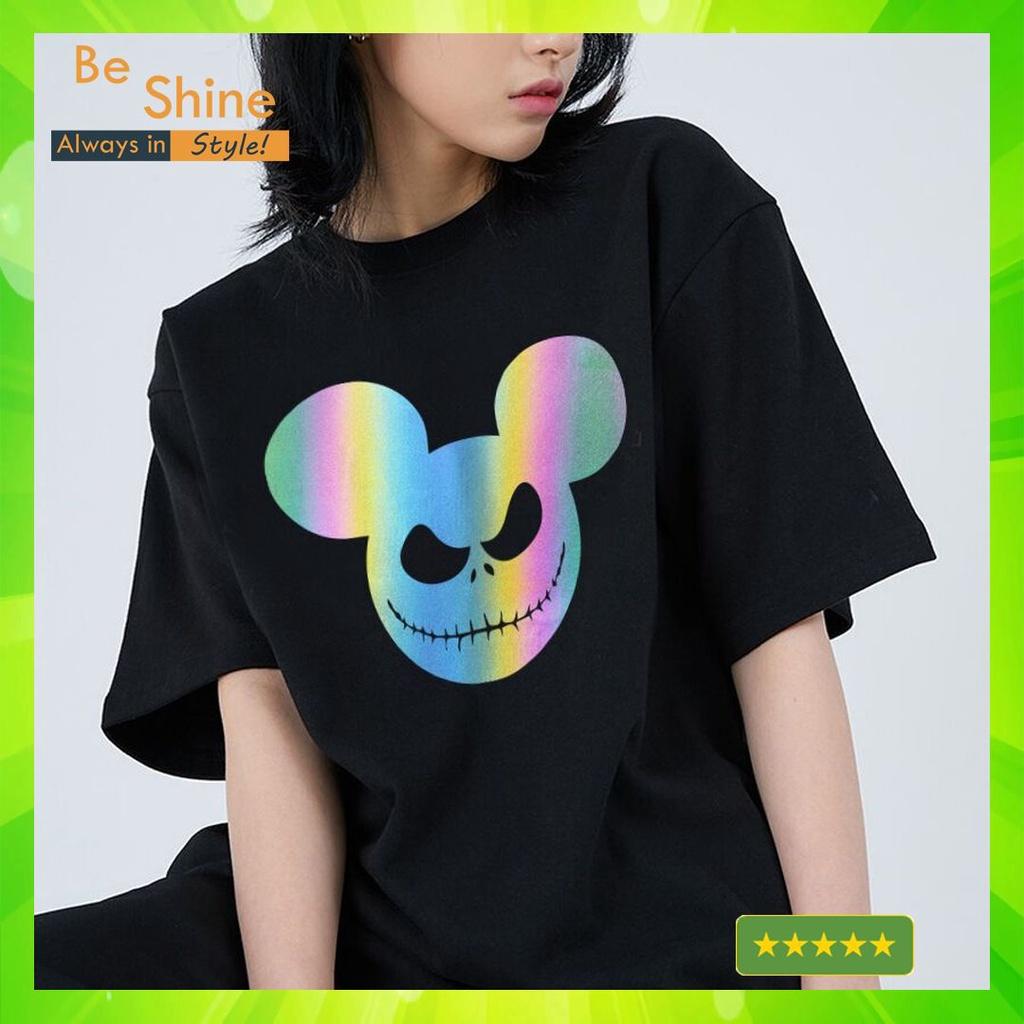 Áo Thun Unisex Form Rộng Hình Chuột Mickey Ma Quái Phản Quang Bảy Màu, Áo Phông Basic Cotton Cổ Tròn Tay Ngắn Thời Trang