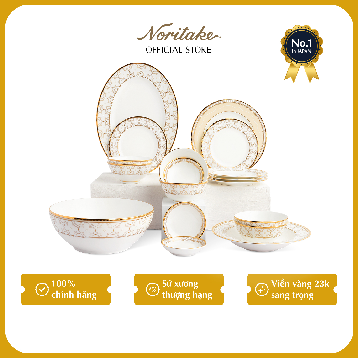 Bộ Bàn Ăn Châu Á Cơ Bản 22 Món Noritake dòng Trefolio Gold Sứ xương cao cấp