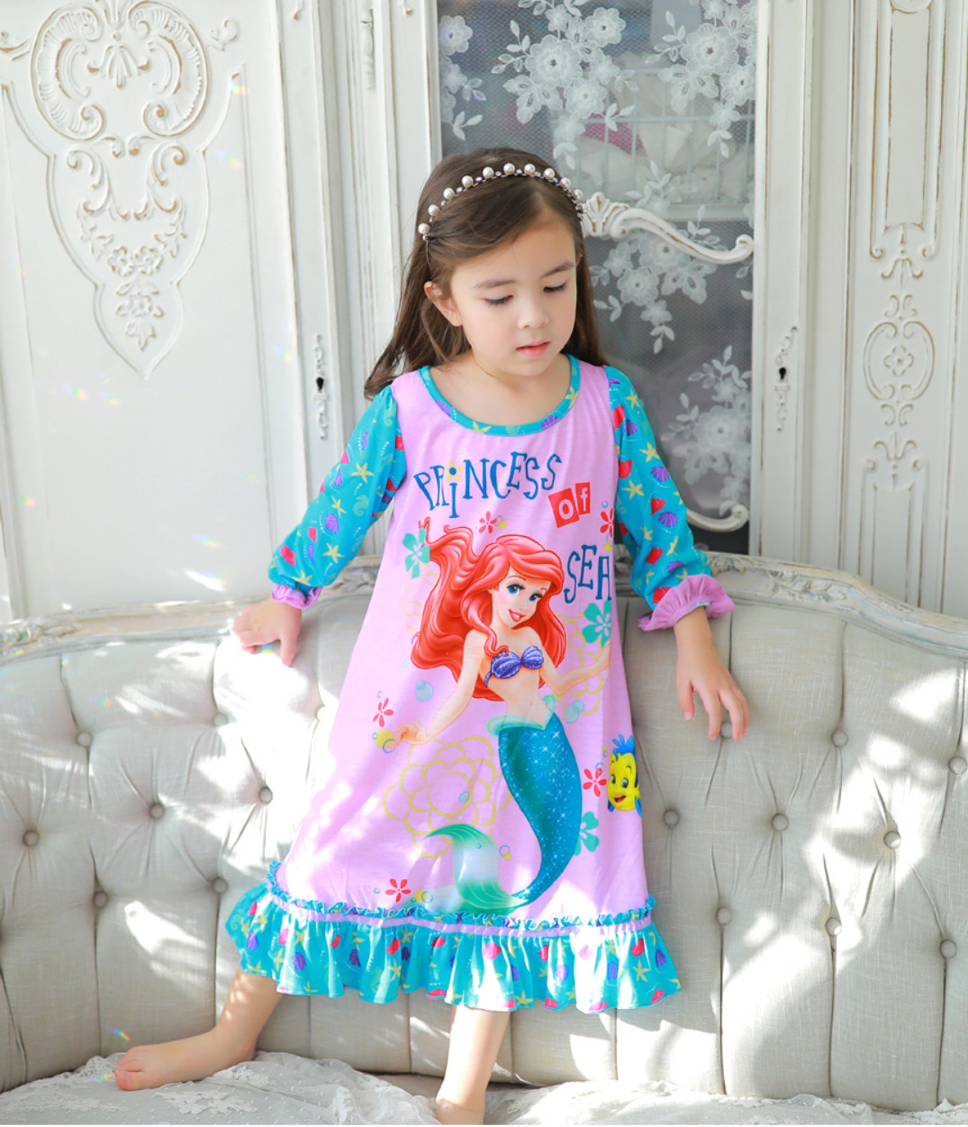 Váy mặc nhà in hình Ariel - Nàng tiên cá (tay dài) cho bé