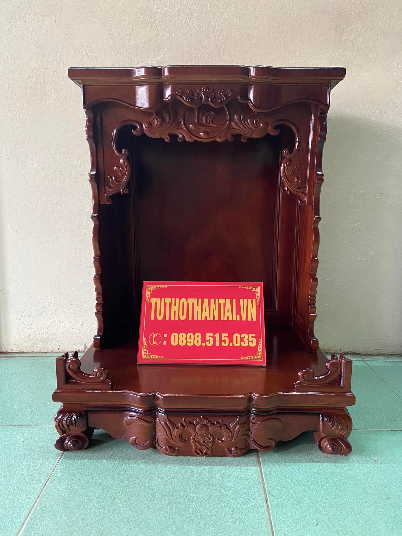Bàn thờ thần tài ông địa mẫu hiện đại đình cong 60 x 81cm - Gỗ Gõ Đỏ