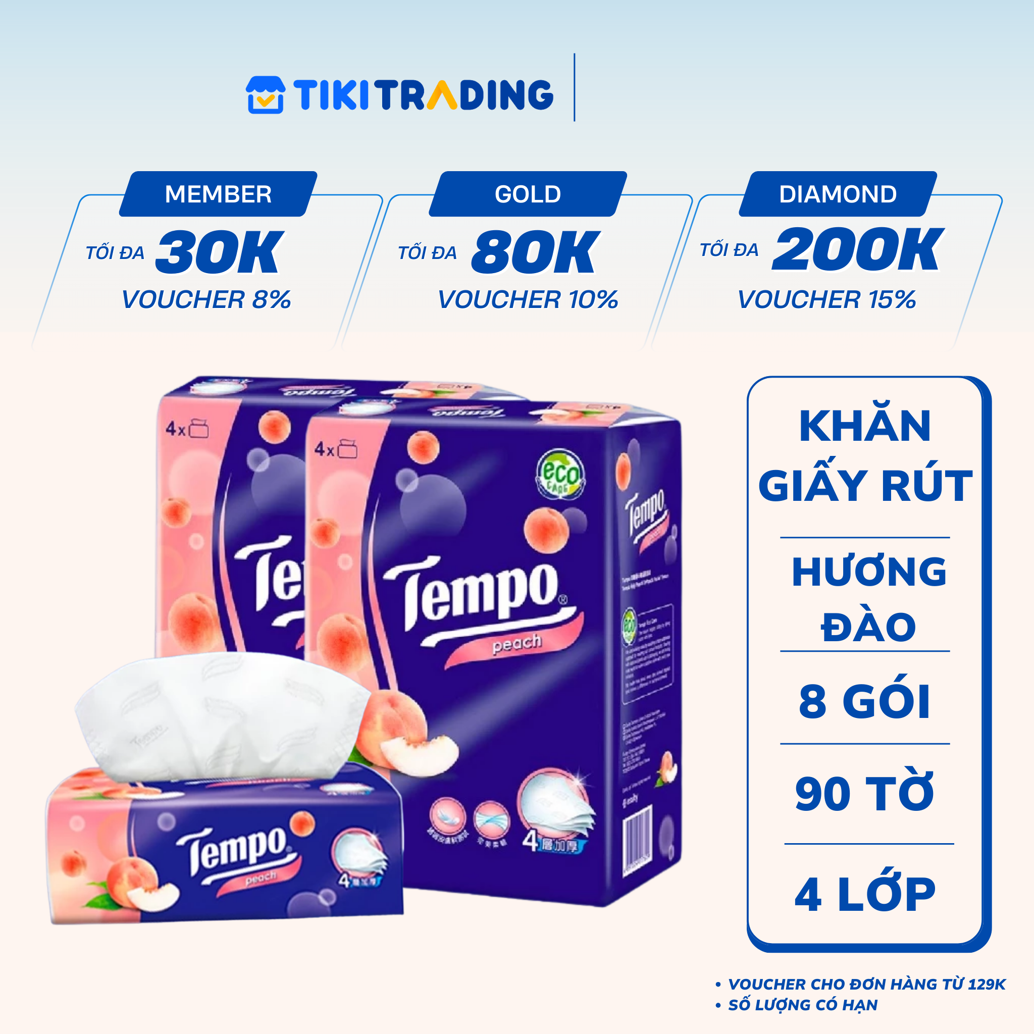 Combo 2 Lốc Khăn Giấy Gói Rút Tempo Hương Đào (Lốc 4 Gói)