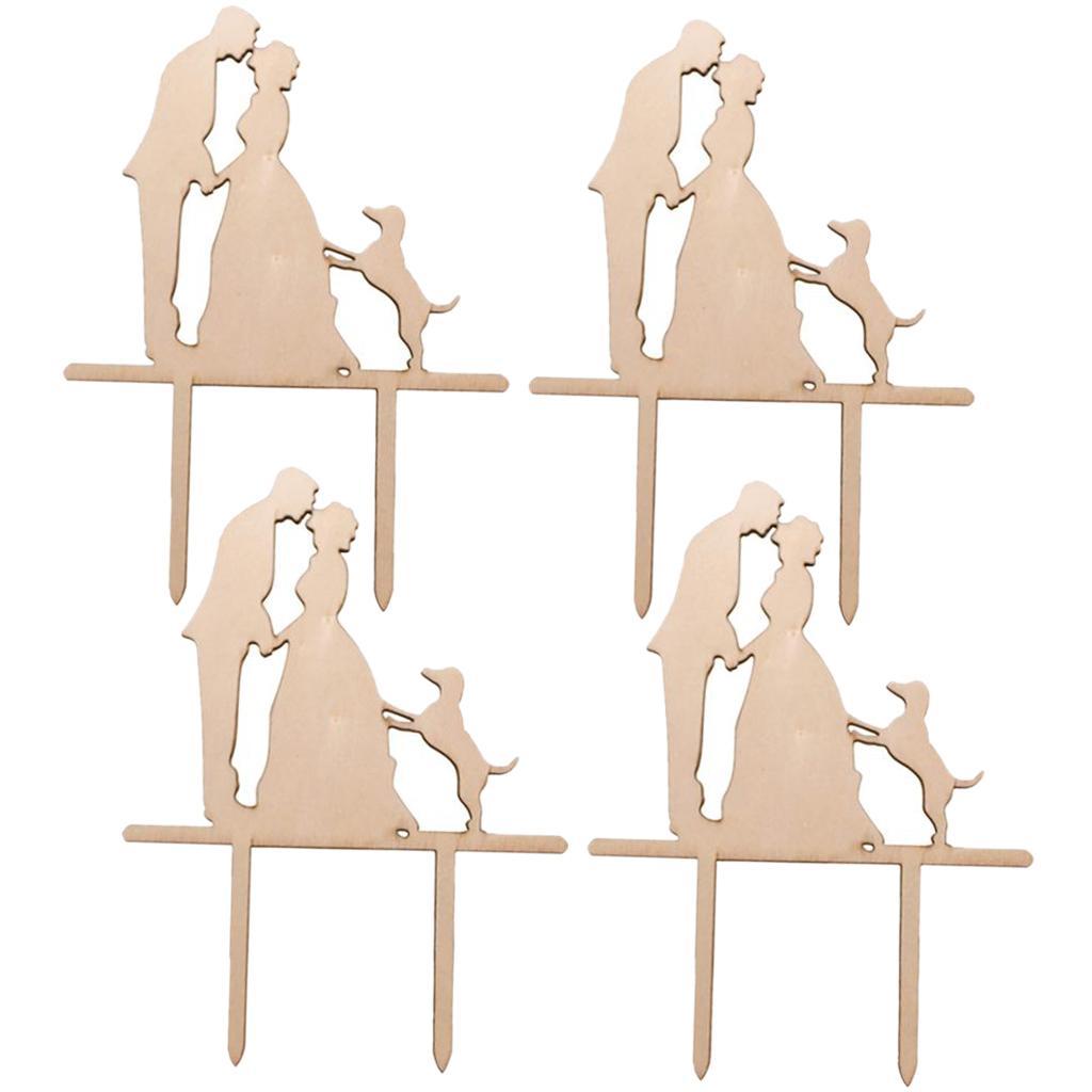Pack of 4 Bride and Groom Silhouette with Dog Cake Topper Wedding Cake Decor
