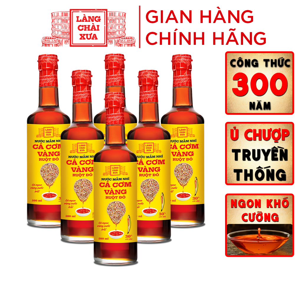 [KF] Thùng 6 chai Nước mắm nhỉ cá cơm ruột đỏ Làng Chài Xưa 500ml cá cơm vàng ngon vùng nước trồi 300 năm truyền thống chai thủy tinh