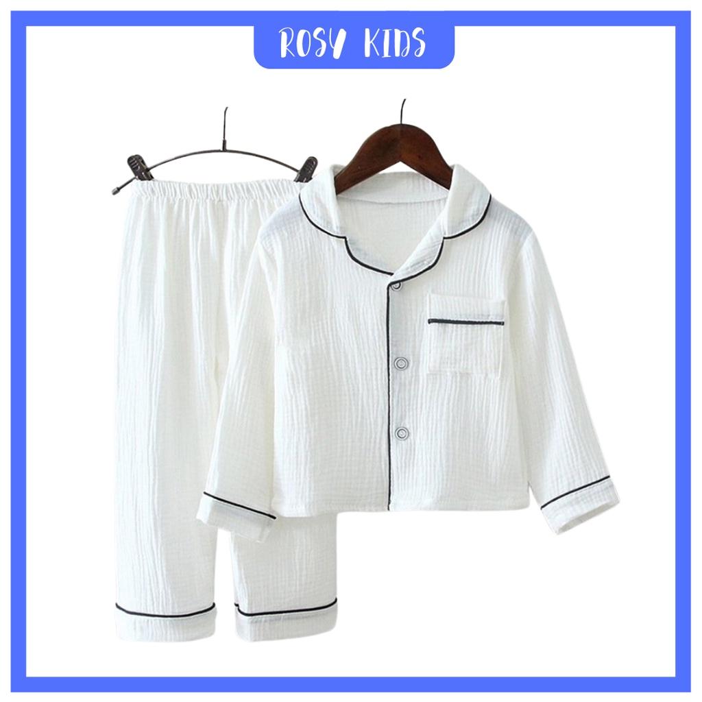 Bộ đồ ngủ cho bé ROSY KIDS, Bộ Pijama đũi nhăn dài tay cho bé trai và bé gái từ 6-27kg