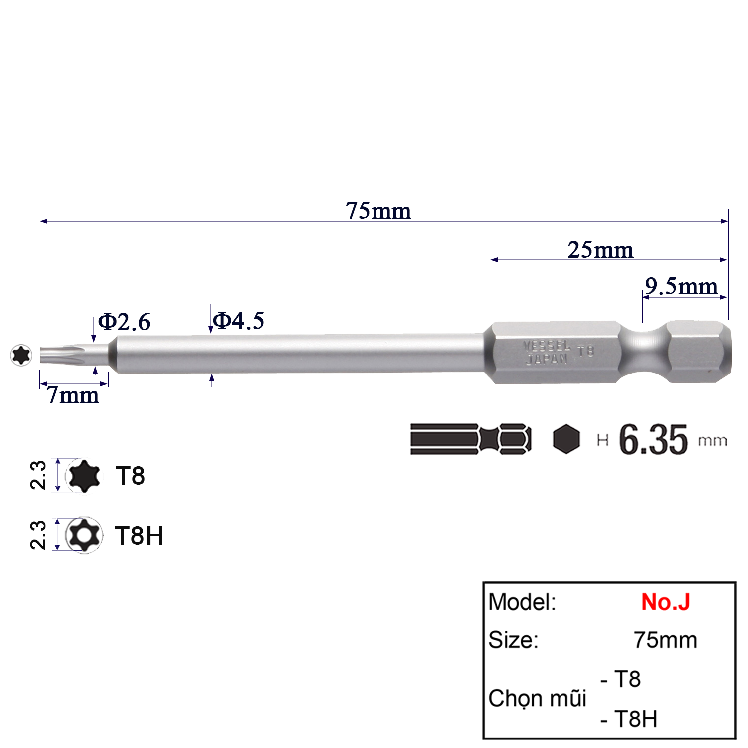 Mũi vặn vít T8 /T8H chuôi lục giác H = 6,35 Vessel